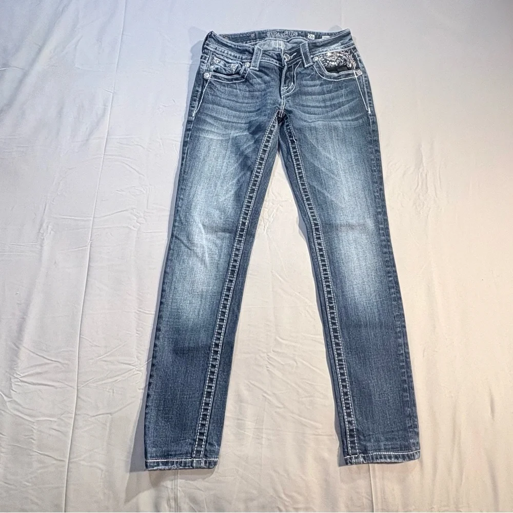 Miss Me Signature Skinny Jeans Embellished Pocket Mid Rise Stretch Sz 26💛